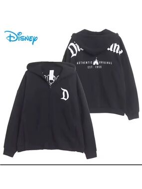 Disney Black Men's Zip-Up Hoodie with White 'D' Logo